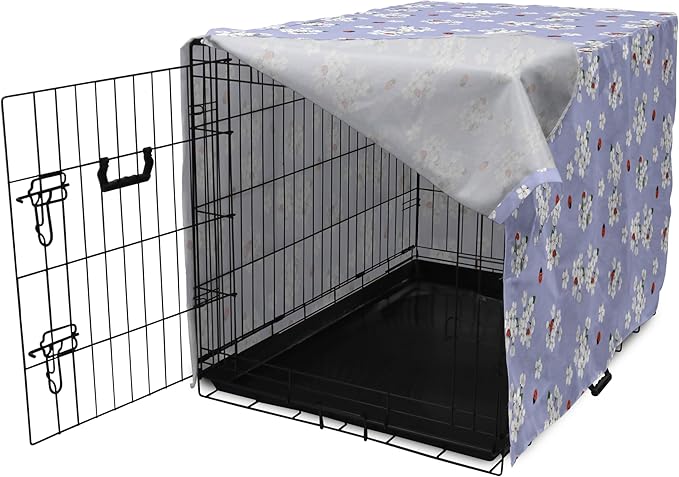 Ambesonne Floral Dog Crate Cover, Japanese Flowers Sakura Blossoms and Ladybugs on Soft Toned Background, Easy to Use Pet Kennel Cover for Medium Large Dogs, 42 Inch, Pale Ceil Blue White