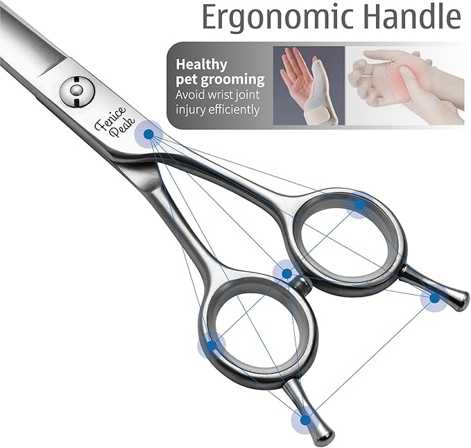 Fenice Peak 3pcs Dog Grooming Scissors Set Straight Thinning Curved Shears Stainless Steel Shears for Pet Grooming Sharp and Durable with Case Suitable for home users and Professional Groomer