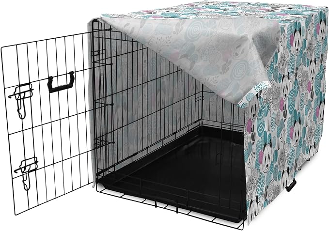 Lunarable Panda Dog Crate Cover, Portraits of Chinese Bears on Sketch Flowers and Abstract Circular Shapes, Easy to Use Pet Kennel Cover for Medium Large Dogs, 48 Inch, Slate Blue Pink Grey