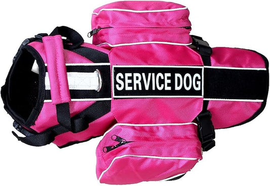 Service Dog Harness, Saddle Bag Backpack Carrier Outdoor Travel Hiking Camping Harness, Removable Saddle Bags and Patches (Hot Pink, L Girth 26-31")