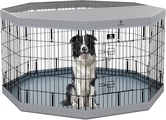 PJYuCien Dog Playpenr，8 Panels 30”H Dog Playpen with Gery Bottom Pad and Grey Top Cover，Metal Foldable Dog Exercise Pen for Indoor，Better for Medium Animals,Black