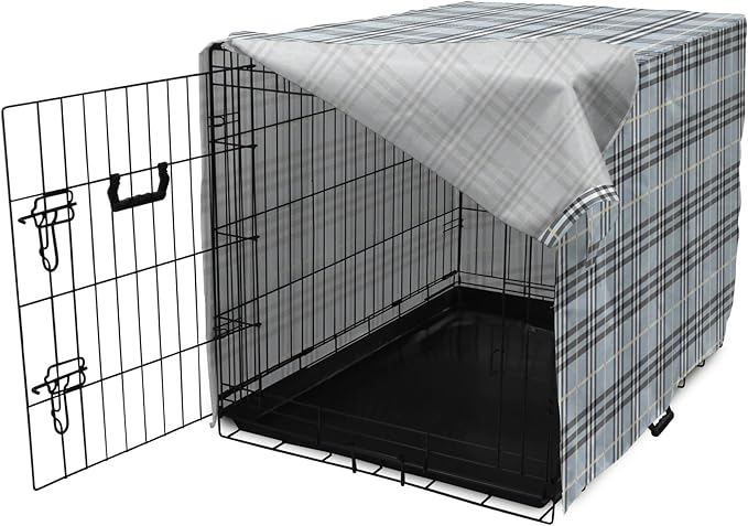 Lunarable Plaid Dog Crate Cover, Traditional Vintage Pattern with Modern Look Checkered Pastel Colored, Easy to Use Pet Kennel Cover for Cats & Medium Dogs, 30 Inch, Pale Blue Dimgray Cream
