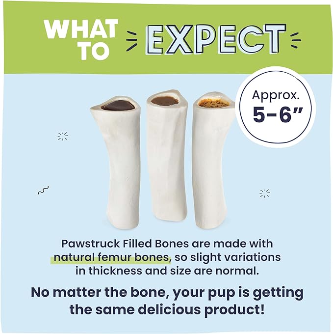 Pawstruck Large 5-6” Filled Dog Bones Variety Pack - Peanut Butter, Cheese & Bacon, Beef Flavors - Made in USA Long Lasting Stuffed Femur Treat for Aggressive Chewers - Pack of 3 - Packaging May Vary