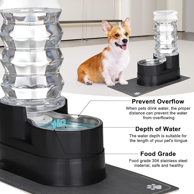 RIZZARI 8L Raised Automatic Pet Waterer, Gravity fed Stainless Steel Waterer, 100% BPA Free, Large Capacity Feeder for Cats and Medium to Large Dogs (Black,8L)