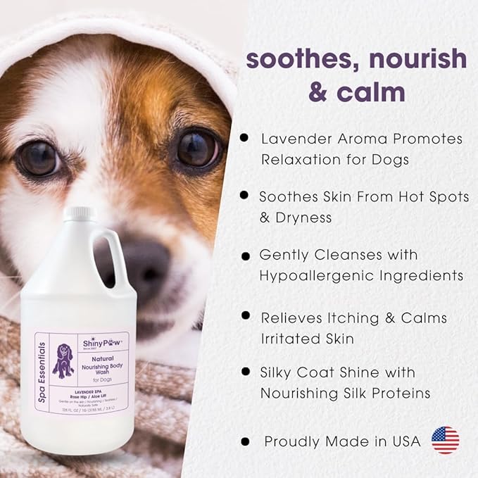 Lavender Shampoo Spa Essentials Nourishing Dog Body Wash 128 oz by Shiny Paw | Anti Itch Shampoo for Dogs | Dog Bath Coat Cleaner for Dogs | Made in The USA