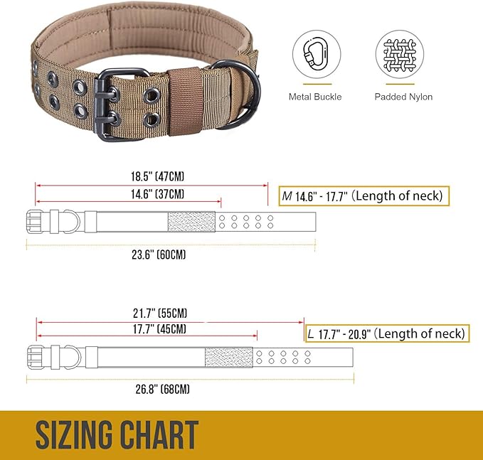 OneTigris Military Adjustable Dog Collar with Metal D Ring & Buckle 2 Sizes (Coyote Brown, M)