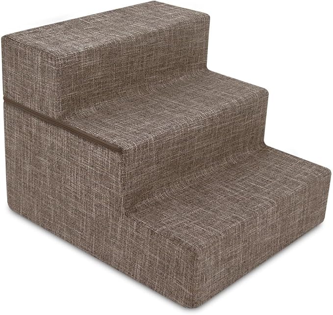 Best Pet Supplies Portable Foldable Foam Pet Stairs/Steps for Couch, Sofa, and High Bed, Non-Slip Bottom Balanced Paw Safe - Brown Linen, Foldable 3-Step (H: 16.5")
