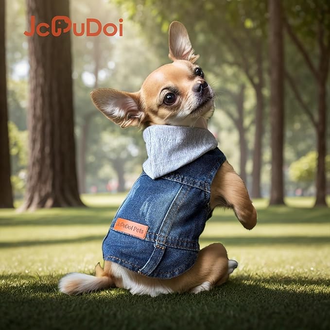 Dog Jeans Jacket with Hooded Denim Pet Coat for Puppy Small Dogs Classic Overalls Male Cat Costumes Washed Vest Clothes Outfit T-Shirts(Hoodie Medium)