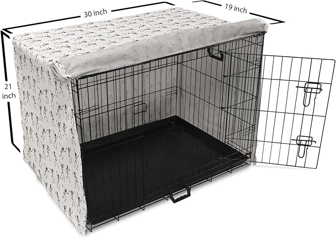 Lunarable Skull Dog Crate Cover, Cartoon Pattern of Monochrome Skeletons Halloween Themed Illustration Horror, Easy to Use Pet Kennel Cover for Cats & Medium Dogs, 30 Inch, White Black