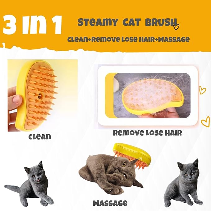 Cat Steam Brush,pet steam brush, 3 In1 Cat Grooming Tool,Cats Hair Steamer(YELLOW)
