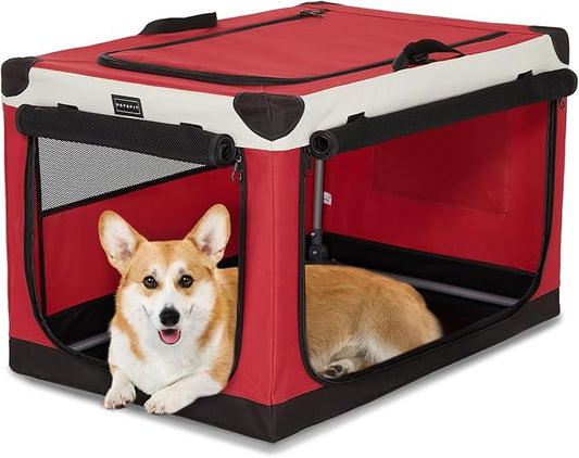 PETSFIT Soft Sided Dog Crate, with Patented Adjustable Fabric Cover, Chewproof & Lockable Mesh Doors, Waterproof Base Collapsible Kennel Red 30 Inch