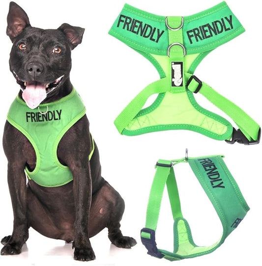 FRIENDLY (Known as Friendly to all) Green Colour Coded Non-Pull Front and Back D Ring Padded and Waterproof Vest Dog Harness PREVENTS Accidents By Warning Others Of Your Dog In Advance (M)