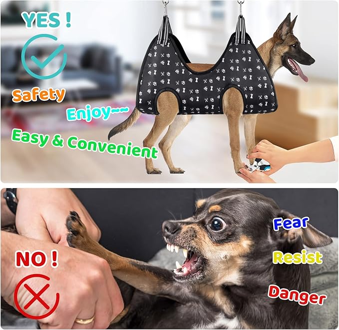 Pet Grooming Hammock Harness with Nail Clippers/Trimmer, Nail File, Comb, Cute Printed Breathable Cats & Dogs Hammock Sling for Grooming (XL, Black)