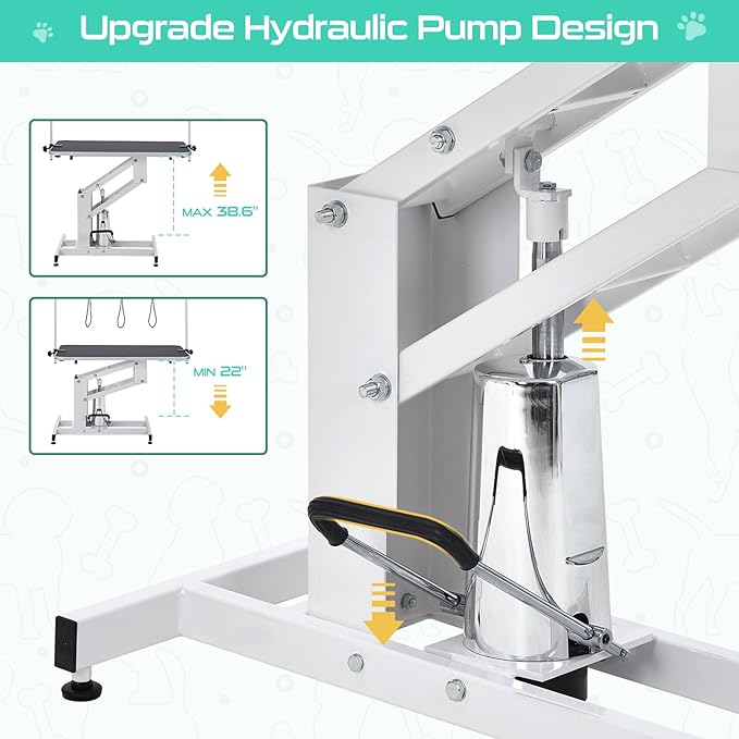 43.3" Hydraulic Dog Grooming Table for Pet, Heavy Duty Structural Hydraulic Max Load 350Lbs Professional Pet Grooming Table with Adjustable Overhead Arm & Noose Height Range 22''-39'' (WHITE)