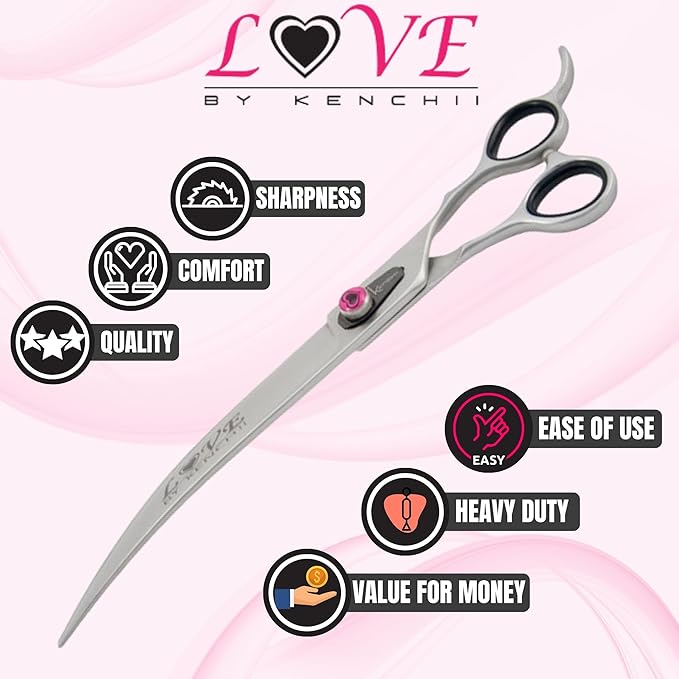 Kenchii Love Left Handed Dog Grooming Scissors, 9 Inch Curved Shears, Dog Scissors for Grooming, Professional Pet Grooming Scissors, Curved Dog Grooming Scissors