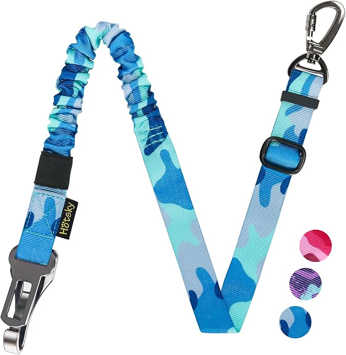 Hotsky Dog Seat Belt, Adjustable Safety Seatbelt 3-in-1 Car Harness for Dogs in Car Nylon Elastic Bungee Buffer Tether with Clip Hook Latch Buckle Swivel Zinc Alloy Carabiner(Blue Camo)