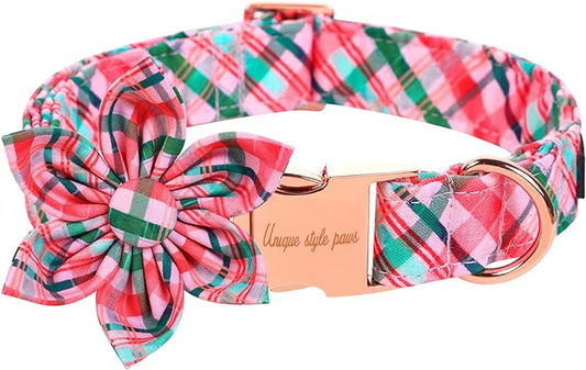Unique style paws Dog Collar with Flower Pink & Green Plaid Dog Collar Best Gifts for Small Medium Large Dogs -L