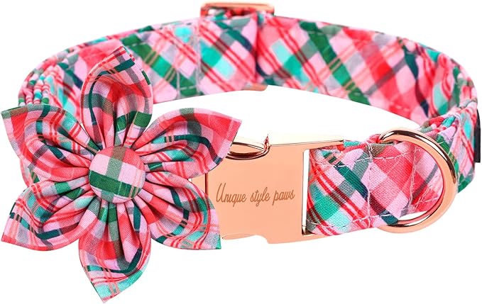 Unique style paws Dog Collar with Flower Pink & Green Plaid Dog Collar Best Gifts for Small Medium Large Dogs -XL