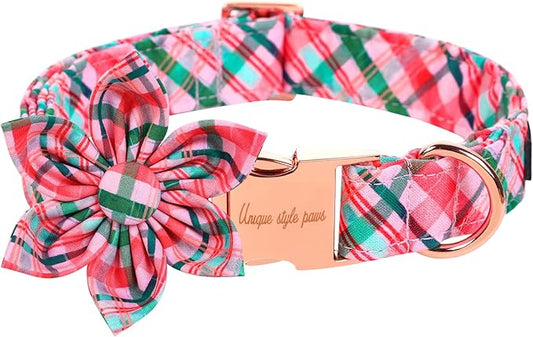 Unique style paws Dog Collar with Flower Pink & Green Plaid Dog Collar Best Gifts for Small Medium Large Dogs -XL
