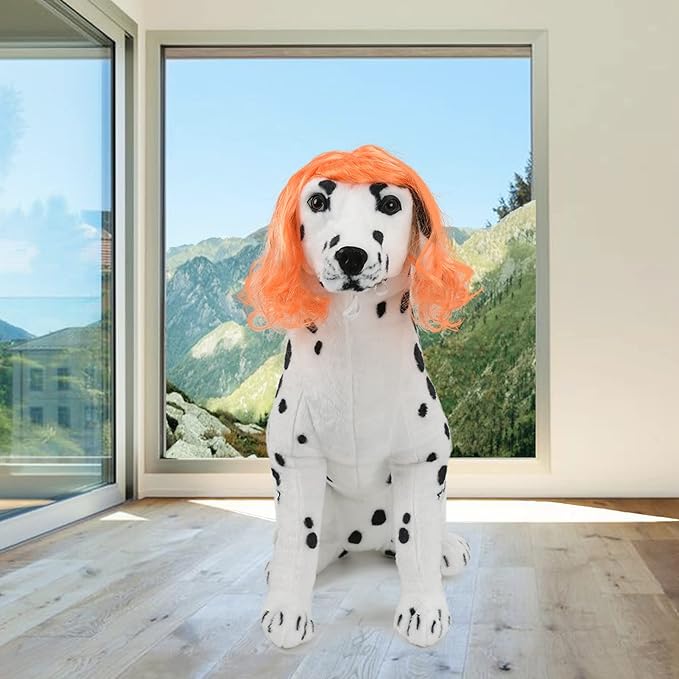 Funny Orange Long Curly Dog Wig, Cat Cosplay Wig, Pet Wigs for Halloween, Christmas, Parties, Festivals, Dog Wigs for Small Medium and Large Dogs