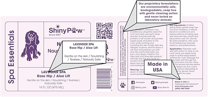 Lavender Shampoo Spa Essentials Nourishing Dog Body Wash 16 oz by Shiny Paw | Anti Itch Shampoo for Dogs | Dog Bath Coat Cleansing for Dogs | Made in The USA