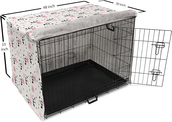 Lunarable Panda Dog Crate Cover, Cartoon Style Bear Drawings Pinkish Foliage Leaves Chinese, Easy to Use Pet Kennel Cover for Medium Large Dogs, 48 Inch, Pale Pink Rose Black
