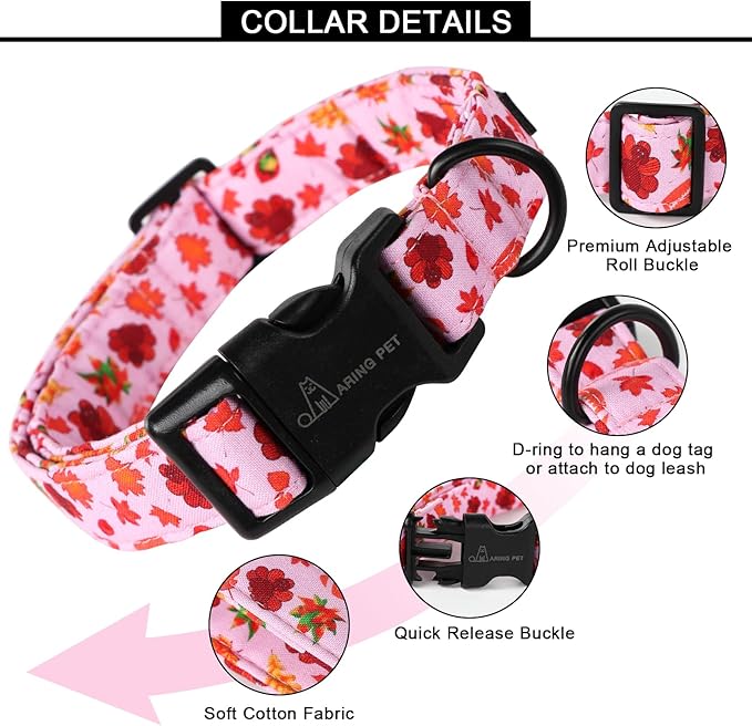 ARING PET Fall Dog Collar Pink Maple Leaf Rugby Dog Collars, Cotton Lightweight Thanksgiving Turkey Dog Collars Puppy Collar for Small Medium Large Dogs