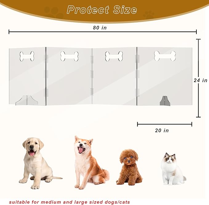 Clear Acrylic Dog Gate, 4 Panel 80" W x 24" H, Transparent Freestanding Pet Playpen Indoor, Foldable Pet Fence Barrier for Doorway with Handle/Support Feet