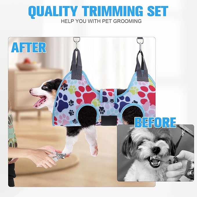 PAWCHIE Dog Grooming Hammock Harness for Dogs & Cats with Pet Nail Clipper Trimmer - Cat Hanger Sling for Trimming Clipping Nails- Dog Hammock Restraint Bag for Small Medium Large Dog, Blue S