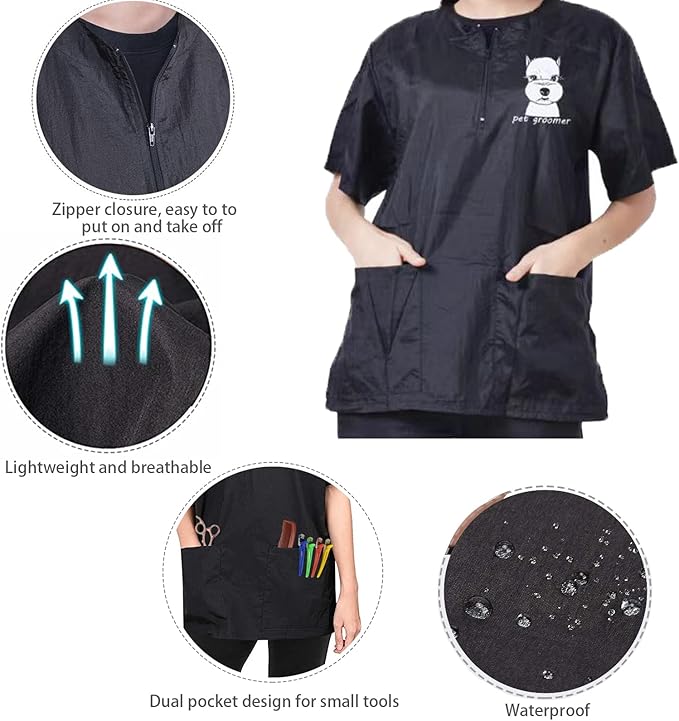 Gliitatu Dog Pet Grooming Smock for Women Men Groomer Smock Barber Jackets Hairdresser Stylist Apron Black