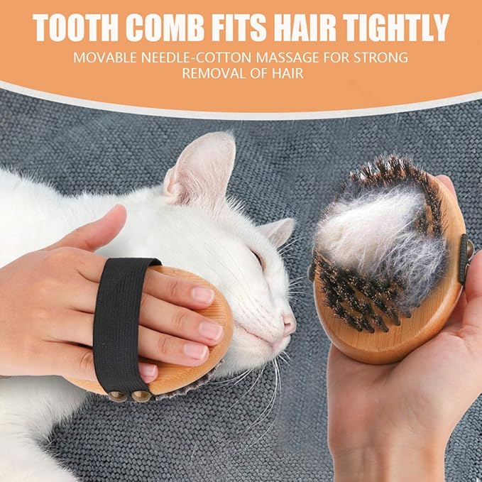 Bamboo Grooming Palm-Held Pets Brush with Boar Bristles & Elastic Band for Dog Cat Shower Bath and Massage