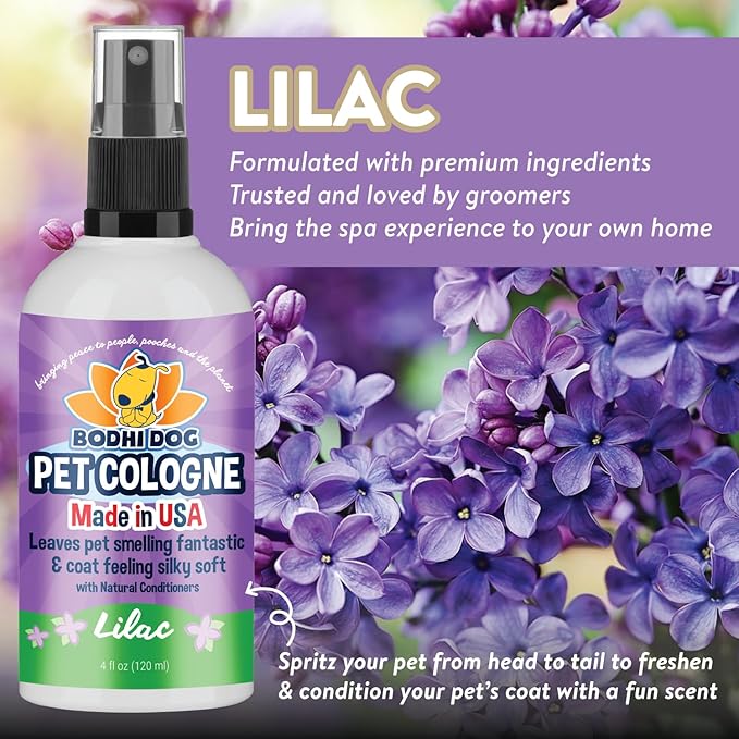 Bodhi Dog Natural Dog Cologne (Lilac) - Premium Scented Deodorizing Pet Perfume with Conditioner for Dogs & Cats - Keeps Pets Fresh & Clean - Gentle and Safe Formula, Made in USA (4 Fl Oz)