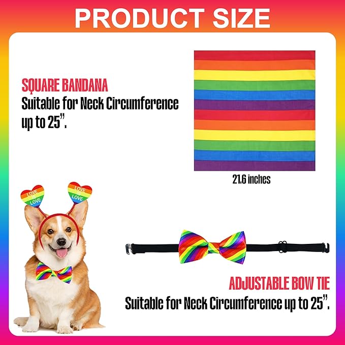 3 PCS Dog Pride Outfit Apparel Clothes, Rainbow Heart Dog Headband Rainbow Bandana and Bow Tie Collar Set for Small Medium Large Dogs (Pride Style 1)
