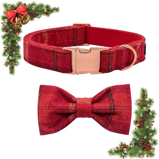 MACA Bates Dog Christmas Red Woolen Collar with Nylon- Warm and Soft Bows Dog Collar for Large Medium Small Dogs, Adjustable Dog Collar with Metal Buckle for Boy and Girl in Winter, XS Puppy Collar