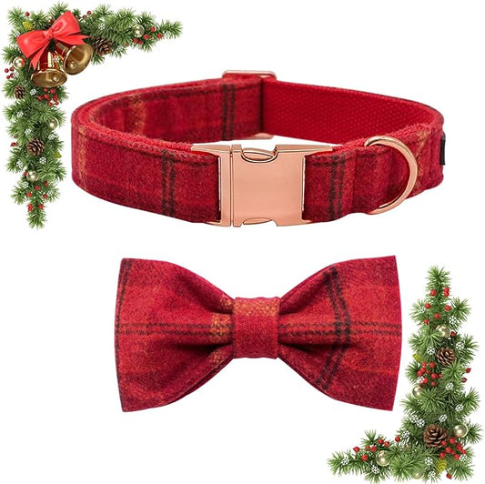 MACA Bates Dog Christmas Red Woolen Collar with Nylon- Warm and Soft Bows Dog Collar for Large Medium Small Dogs, Adjustable Dog Collar with Metal Buckle for Boy and Girl in Winter, XS Puppy Collar