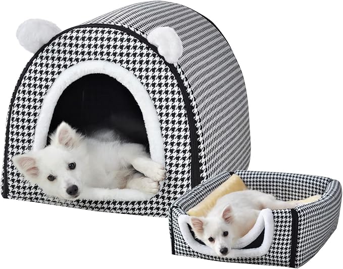 Dog Bed,2 Ways to Use,Indoor Pet House with Fluffy Mat,Removable and Washable Cover,Non-Slip Bottom,for Large Dogs(XL Black Cranes)