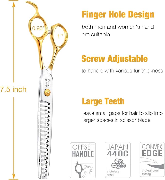 JASON 7.5" 18-Teeth Chunkers Shears for Dogs Cats Grooming Texturizing Blending Thinning Scissor Pets Trimming Kit Sharp Gold Shear for Right Handed Groomers