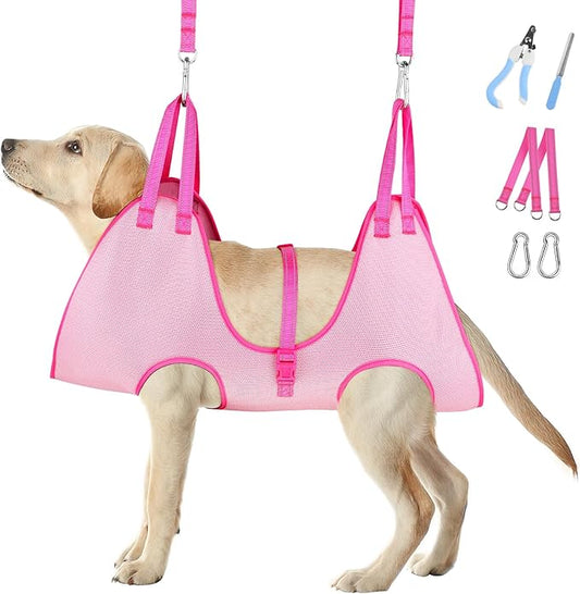 Dog Grooming Hammock - Breathable Pet Grooming Hammock for Small Dogs& Cats, Adjustable Dog Sling Harness with Nail Clippers& Nail File (Pink, X-Small)