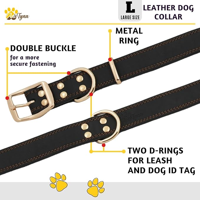 ADITYNA - Heavy Duty Leather Dog Collar for Large Dogs - Soft and Strong Leather Dog Collar for Walking and Training (Black - Gold Colored Buckle, Large: Fit 17" - 23" Neck)