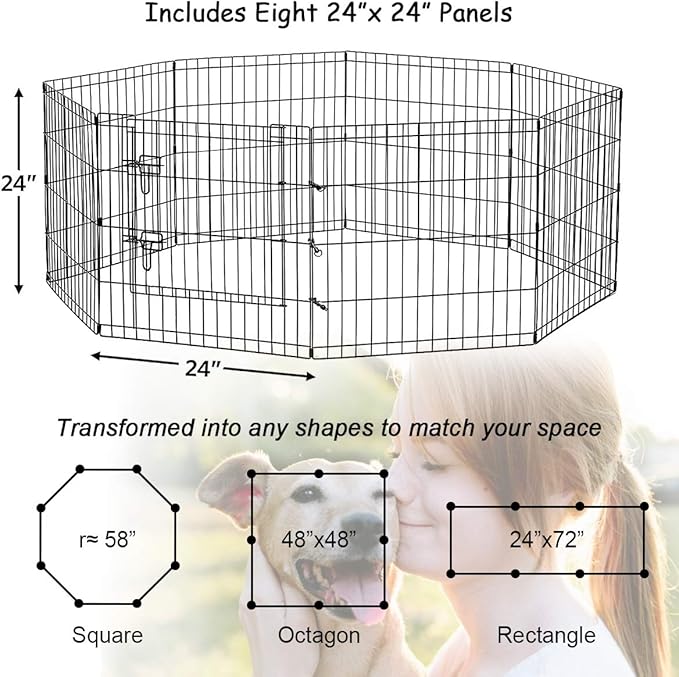 Artmeer Pet Playpen Puppy Playpen Kennels Dog Fence Exercise Pen Gate Fence Foldable Dog Crate 8 Panels 24 Inch Kennels Pen Playpen Options Ideal for Pet Animals Outdoor Indoor(Black 24''x24'')