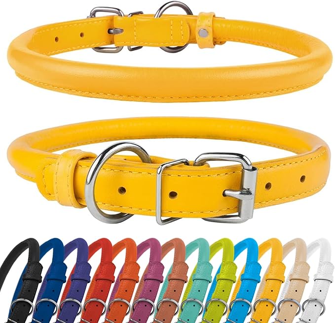 CollarDirect Rolled Leather Dog Collar, Soft Padded Round Puppy Collar, Handmade Genuine Leather Collar Dog Small Large Cat Collars 13 Colors (6-7 Inch, Yellow Textured)