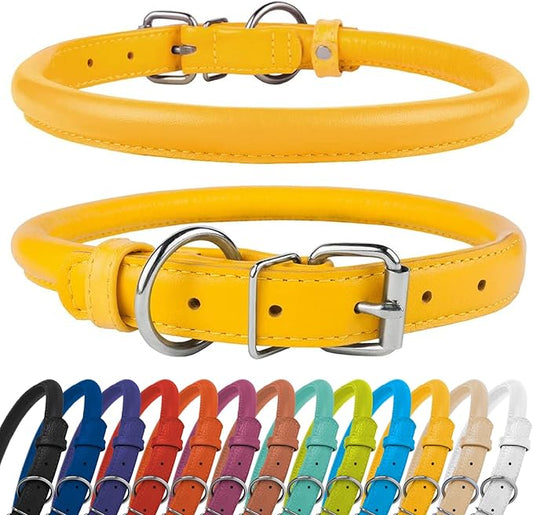 CollarDirect Rolled Leather Dog Collar, Soft Padded Round Puppy Collar, Handmade Genuine Leather Collar Dog Small Large Cat Collars 13 Colors (6-7 Inch, Yellow Textured)