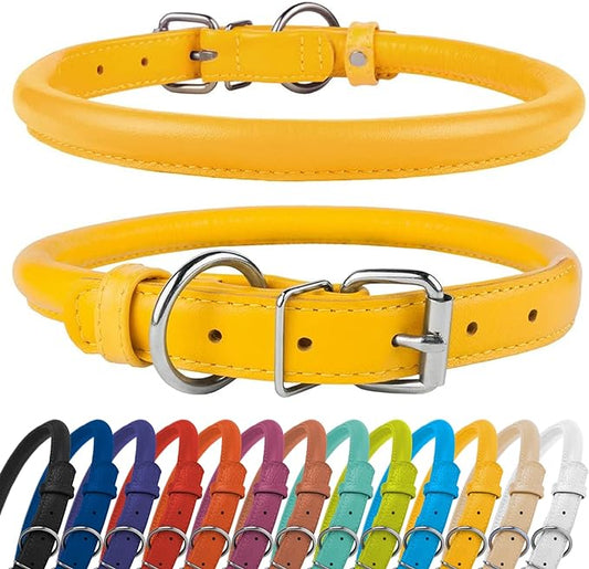 CollarDirect Rolled Leather Dog Collar, Soft Padded Round Puppy Collar, Handmade Genuine Leather Collar Dog Small Large Cat Collars 13 Colors (15-19 Inch, Yellow Textured)