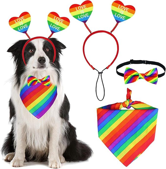 3 PCS Dog Pride Outfit Apparel Clothes, Rainbow Heart Dog Headband Rainbow Bandana and Bow Tie Collar Set for Small Medium Large Dogs (Pride Style 1)