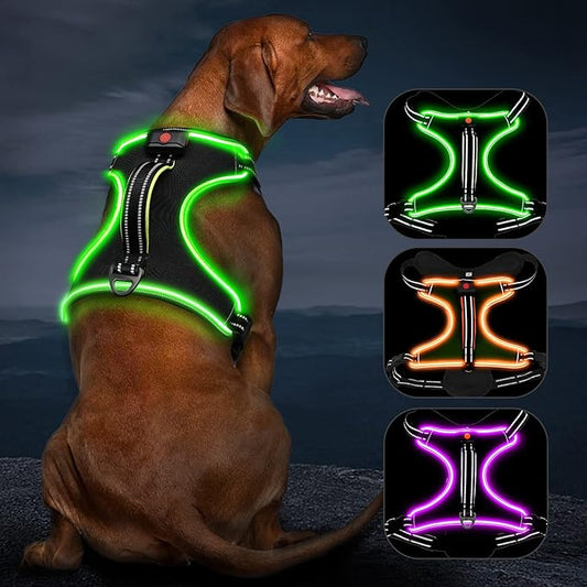 Light Up Dog Harness No Pull LED Dog Harness with Handle Vizbrite Rechargeable Lighted Dog Vest Harness for Small/Medium/Large/X-Large Size Dogs No Pull, 4 Point Adjustable Dog Harness