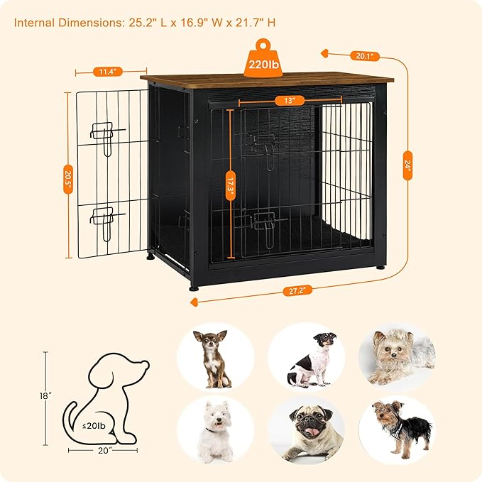 DWANTON Dog Crate Furniture with Cushion, Wooden Dog Crate with Double Doors, Dog Furniture, Dog Kennel Indoor for Small Dog，End Table, 27.2" L, Black+Warm Brown