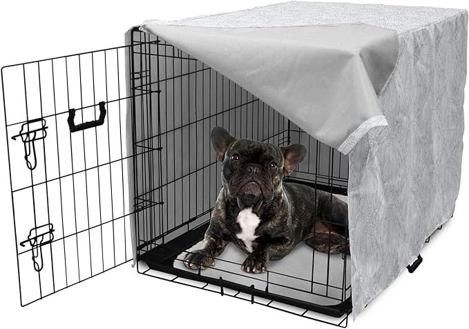 Ambesonne Grey and White Dog Crate Cover, Doodle Style Botanical Leaves Pattern Shabby Ornamental, Easy to Use Pet Kennel Cover for Cats & Medium Dogs, 30 Inch, Pale Blue Grey and White