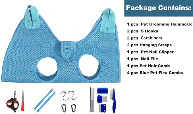 Dog Grooming Hammock with Flea Comb and Dog Nail Clipper, Pet Dog Grooming Hammock Harness with Cat Nail Clipper, Nail File and Dog Brush, Dog Sling for Nail Clipping/Nail Trimming (XS, Blue)