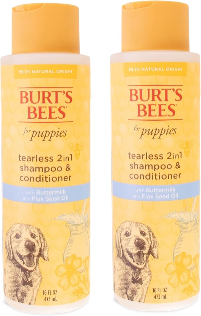 Burt's Bees for Pets Tearless Puppy 2-in-1 Shampoo and Conditioner with Buttermilk and Linseed Oil, 2pk, 95% Natural Origin Formulas, Best Gentle Shampoo for Puppies - Tear Free, 16 oz - 2 Pack