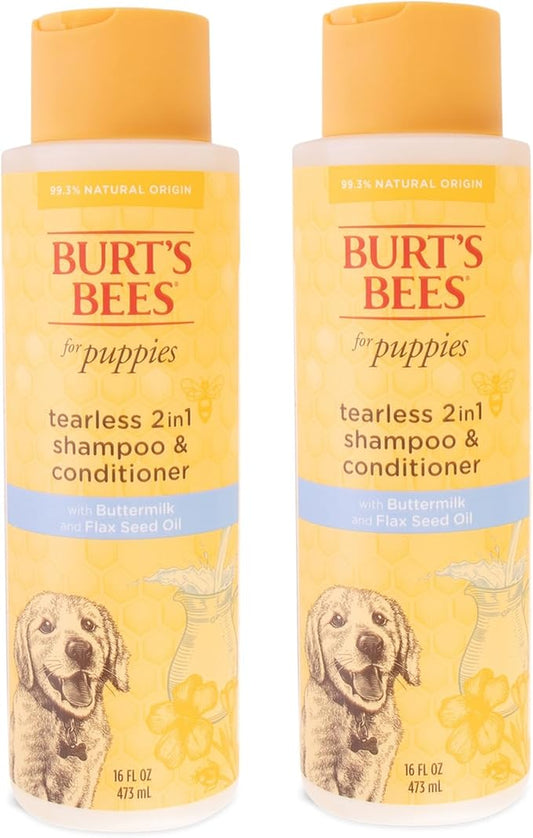 Burt's Bees for Pets Tearless Puppy 2-in-1 Shampoo and Conditioner with Buttermilk and Linseed Oil, 2pk, 95% Natural Origin Formulas, Best Gentle Shampoo for Puppies - Tear Free, 16 oz - 2 Pack